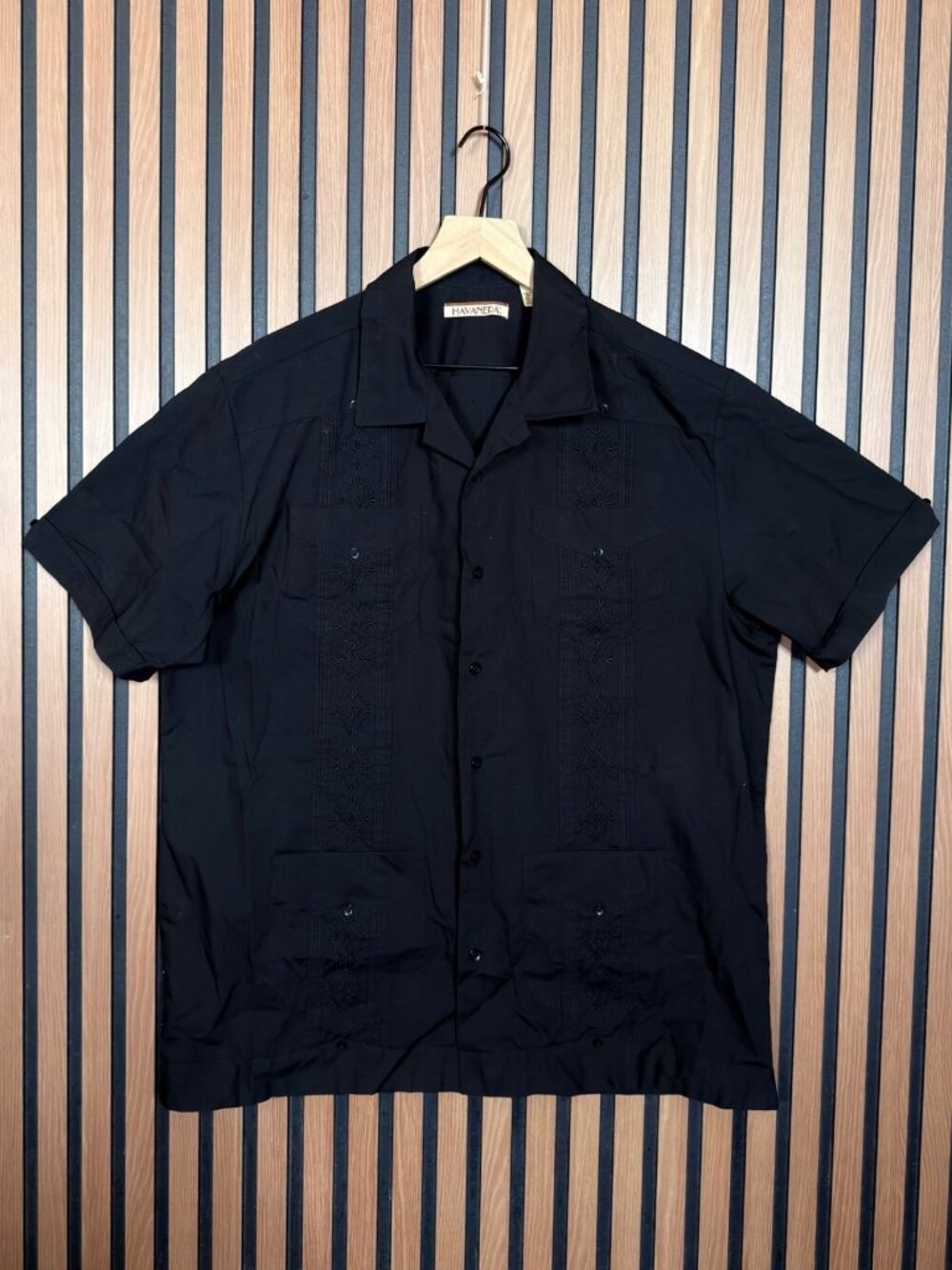 HAVANERA Shirt Large Mens Black Short Sleeve Button Down Collared Textured